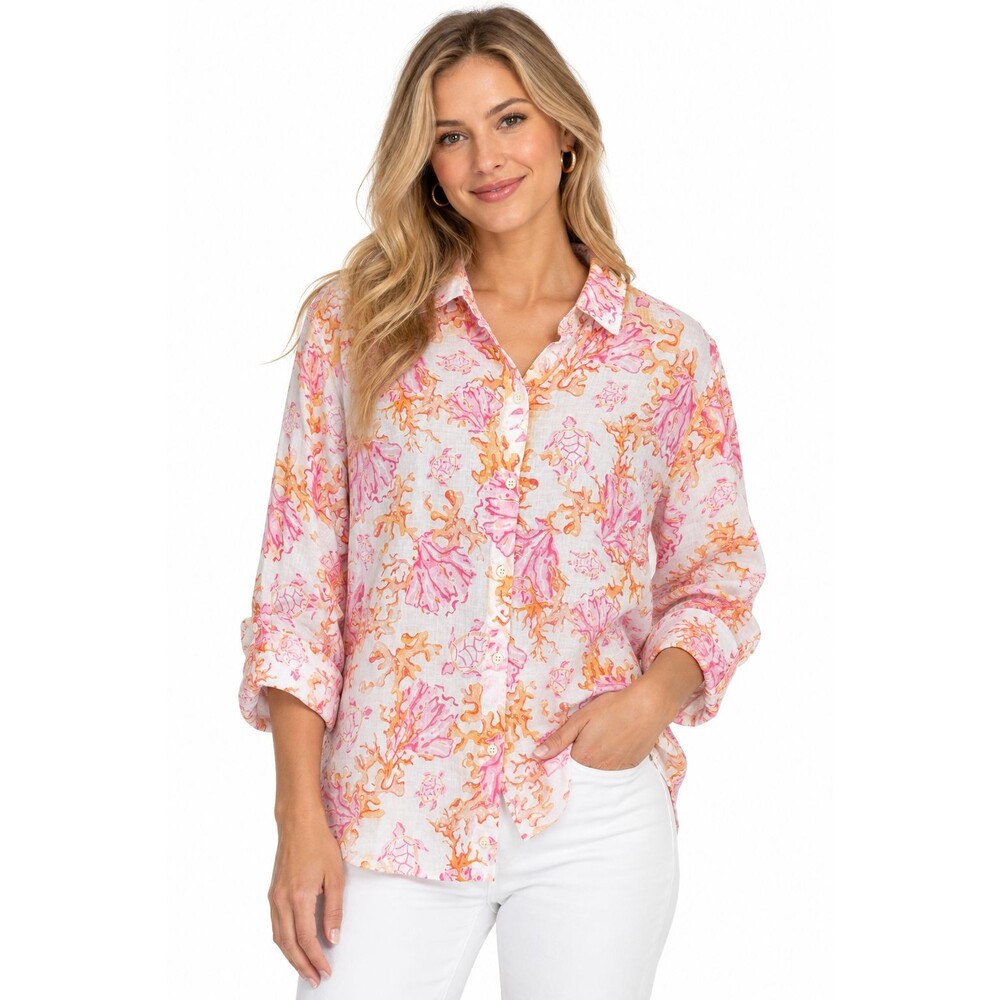 J.Jill Love Linen Top 1x Button Down Coral Turtle Print Beachy Coastal Shirt